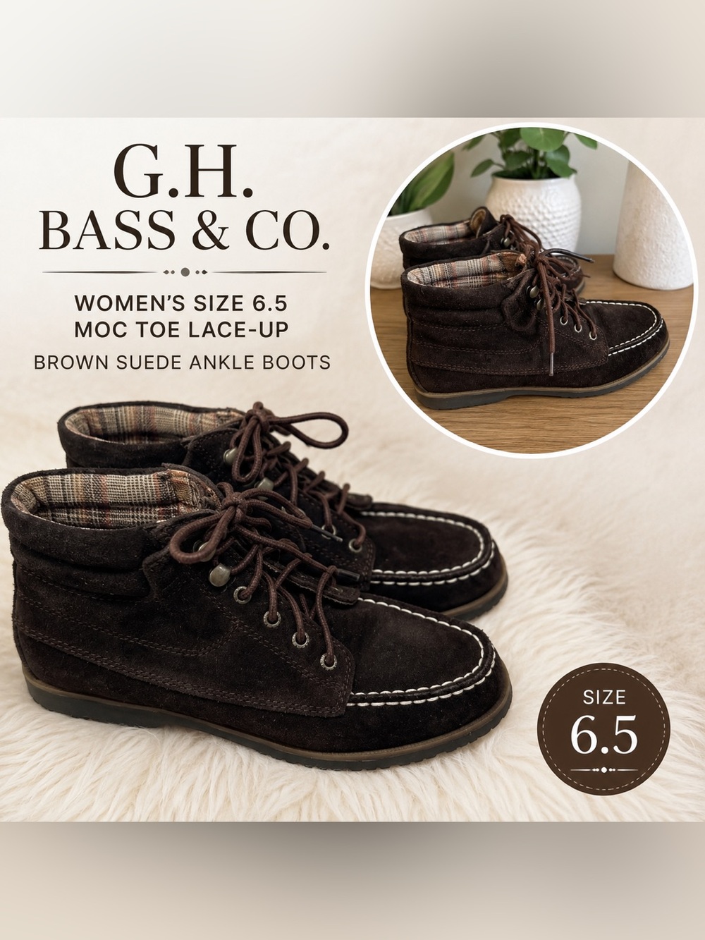 G.H. Bass & Co Brown Suede Ankle Boots Women’s Size 6.5 Moc Toe Lace-Up